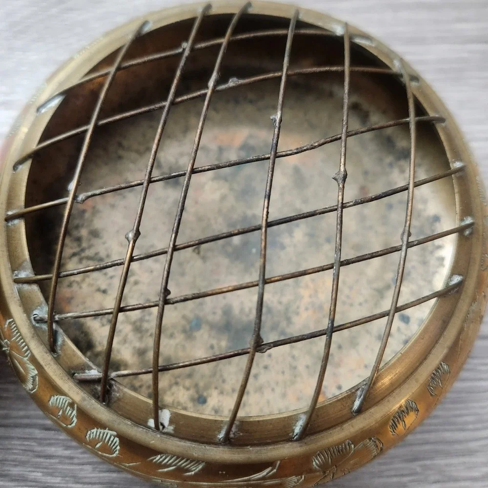 Vintage Etched Brass Rose Bowl Set with‎ Engraved Flowers Frog Mesh Insense Bowl